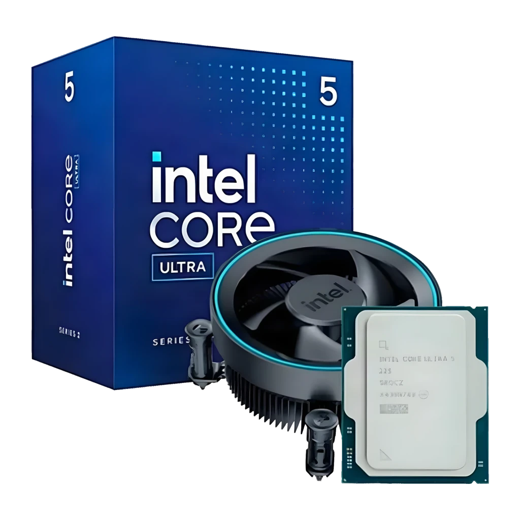 Intel Core Ultra 5 225 Box LGA1851 10 Cœurs, vue de face: boîte bleue, ventilateur à anneau LED bleu et processeur avec IHS