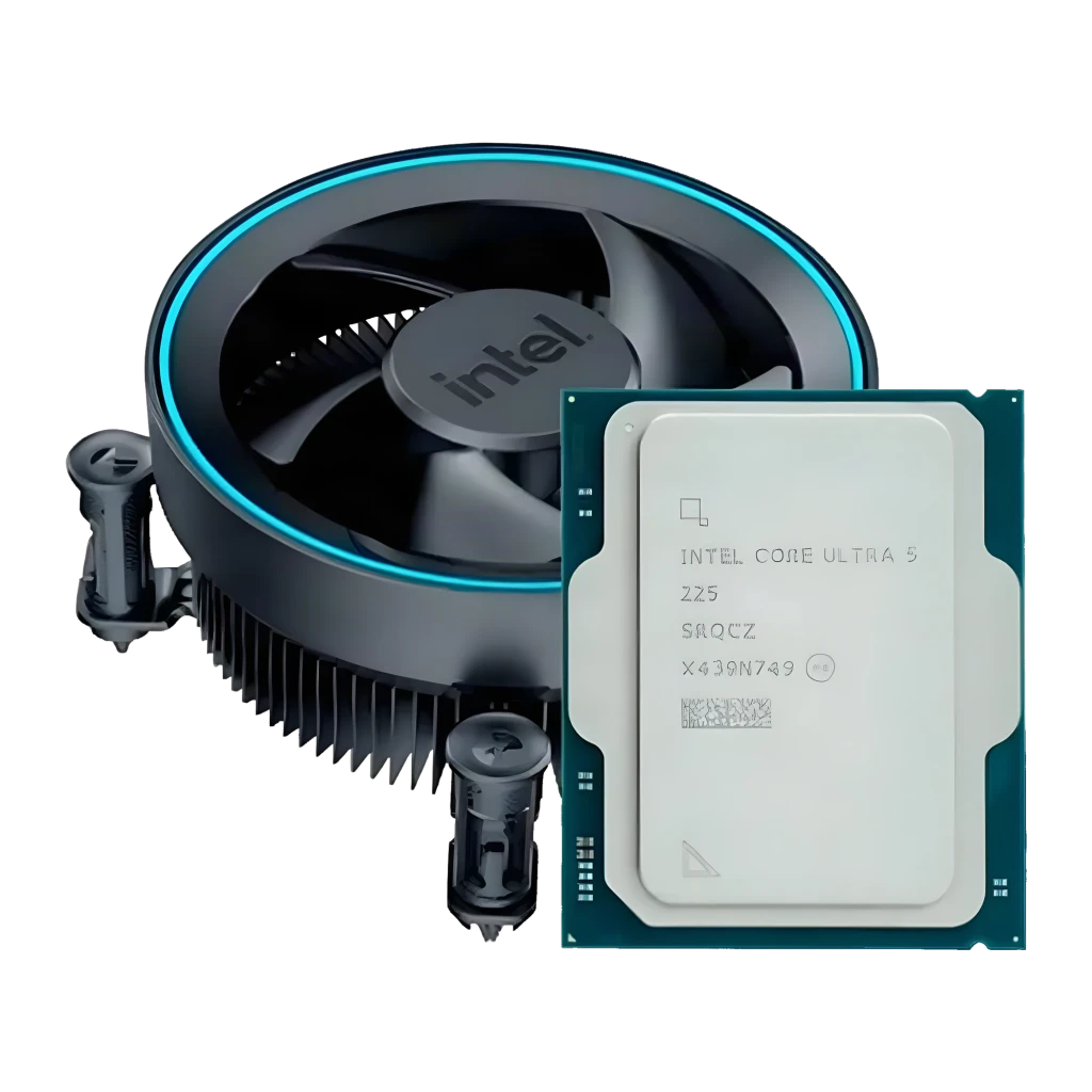Intel Core Ultra 5 225 Box LGA1851 10 Cœurs, détail: processeur IHS gravé aux côtés du ventirad avec anneau LED bleu