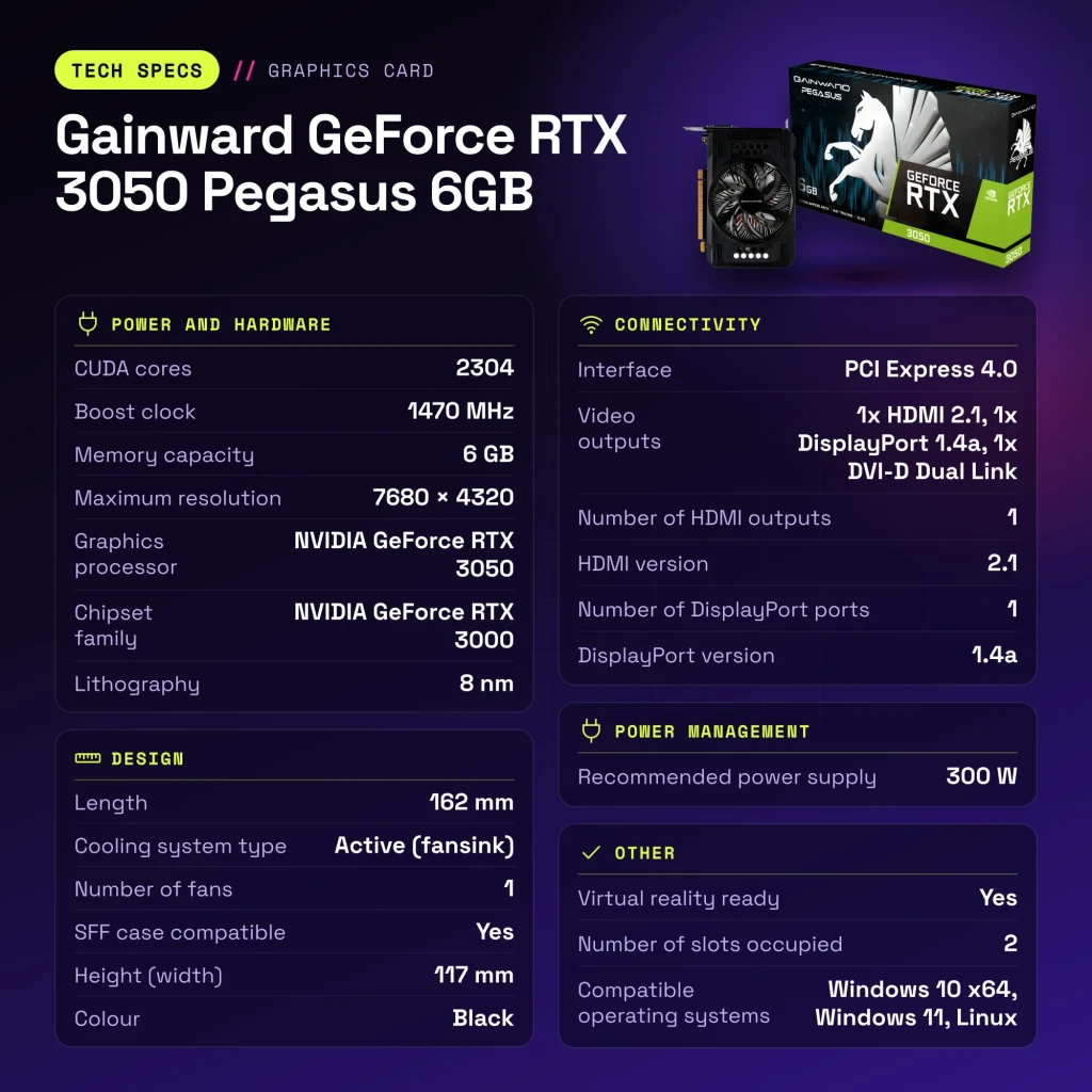 Tarjeta Gráfica Gainward GeForce RTX 3050 Pegasus 6GB GDDR6 Negro - características