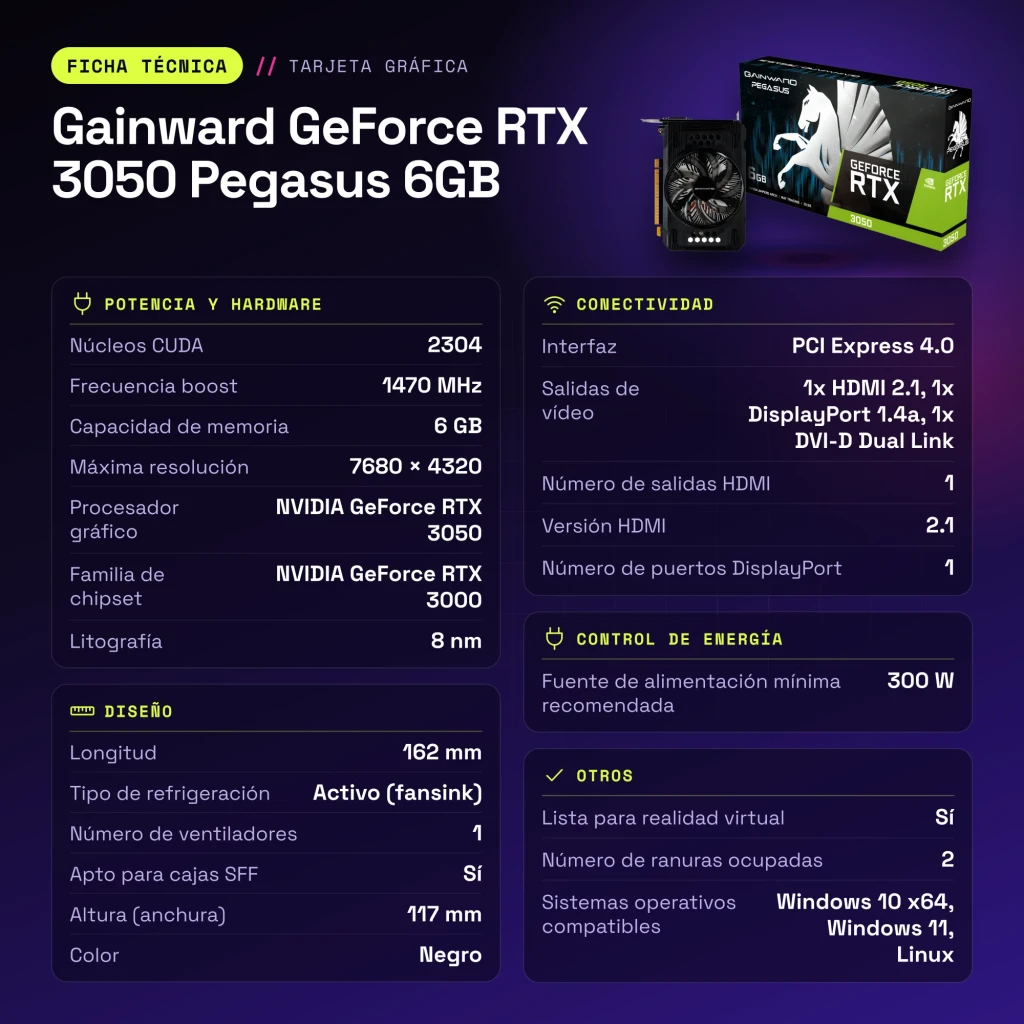 Tarjeta Gráfica Gainward GeForce RTX 3050 Pegasus 6GB GDDR6 Negro - características