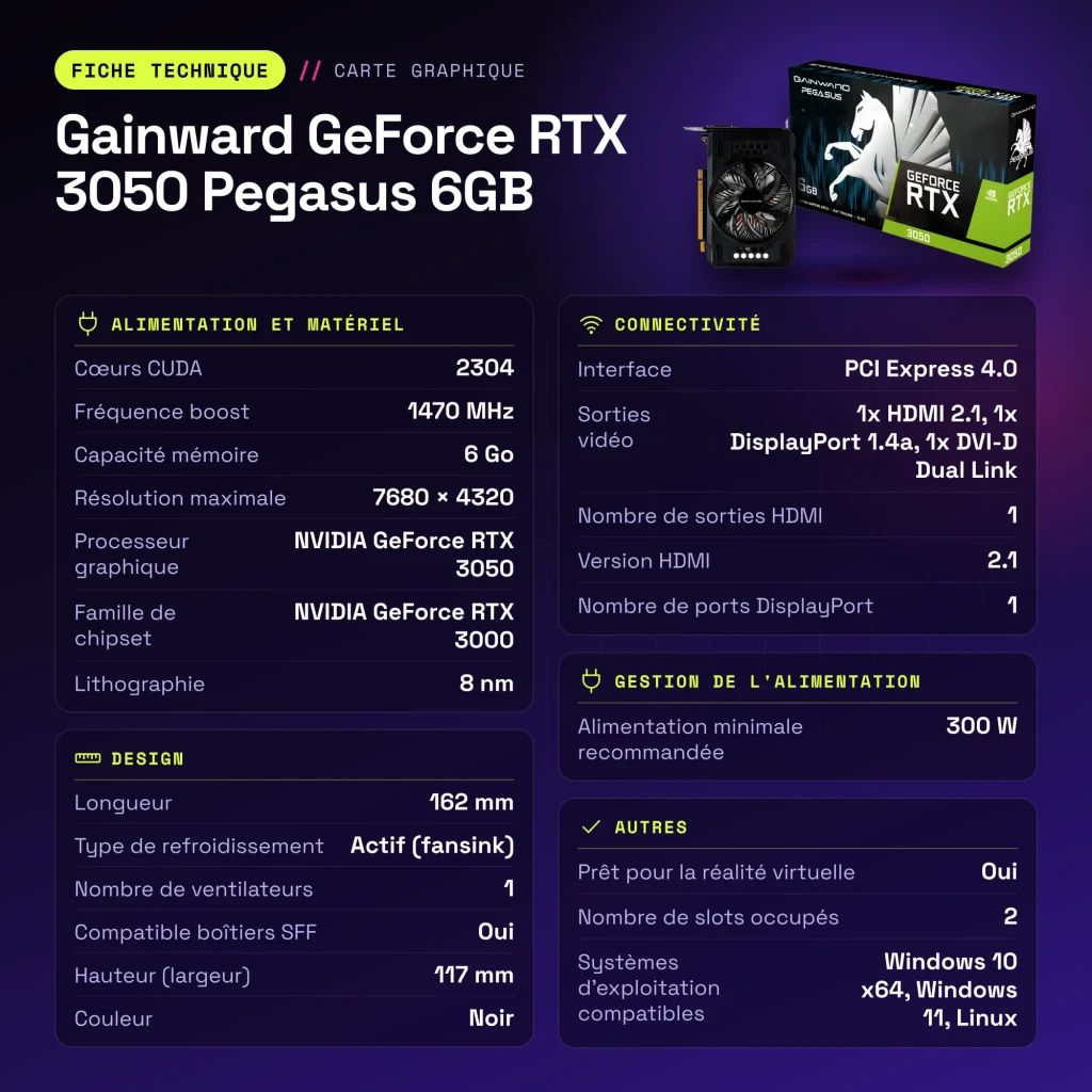 Tarjeta Gráfica Gainward GeForce RTX 3050 Pegasus 6GB GDDR6 Negro - características