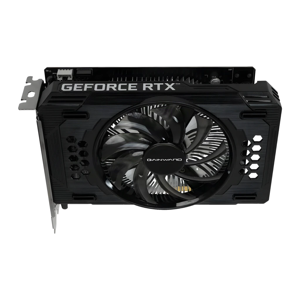 Gainward GeForce RTX 3050 Pegasus 6GB GDDR6 Negro, detalle: ventilador único central y logo GeForce RTX en shroud negro