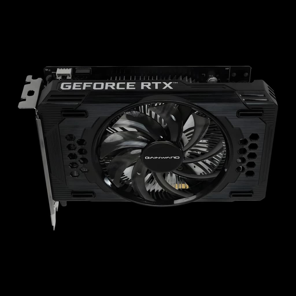 Gainward GeForce RTX 3050 Pegasus 6GB GDDR6 Negro, detalle: ventilador único central y logo GeForce RTX en shroud negro
