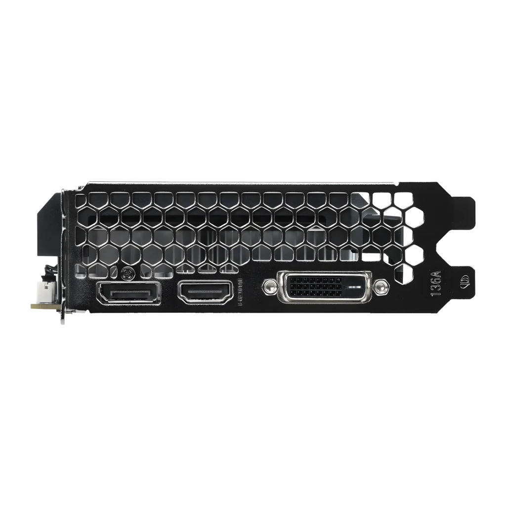 Gainward GeForce RTX 3050 Pegasus 6GB GDDR6 Negro, detalle: bracket con rejilla hexagonal, puertos DisplayPort, HDMI y DVI