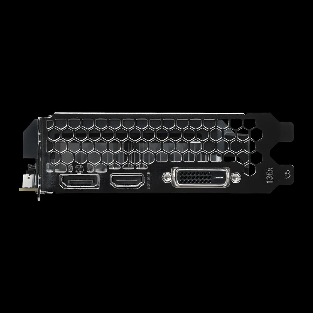 Gainward GeForce RTX 3050 Pegasus 6GB GDDR6 Negro, detalle: bracket con rejilla hexagonal, puertos DisplayPort, HDMI y DVI