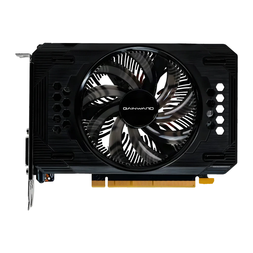 Gainward GeForce RTX 3050 Pegasus 6GB GDDR6 Negro, vista frontal: ventilador único central con logo Gainward y disipador