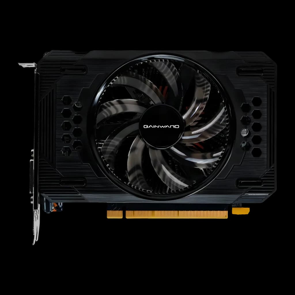 Gainward GeForce RTX 3050 Pegasus 6GB GDDR6 Negro, vista frontal: ventilador único central con logo Gainward y disipador