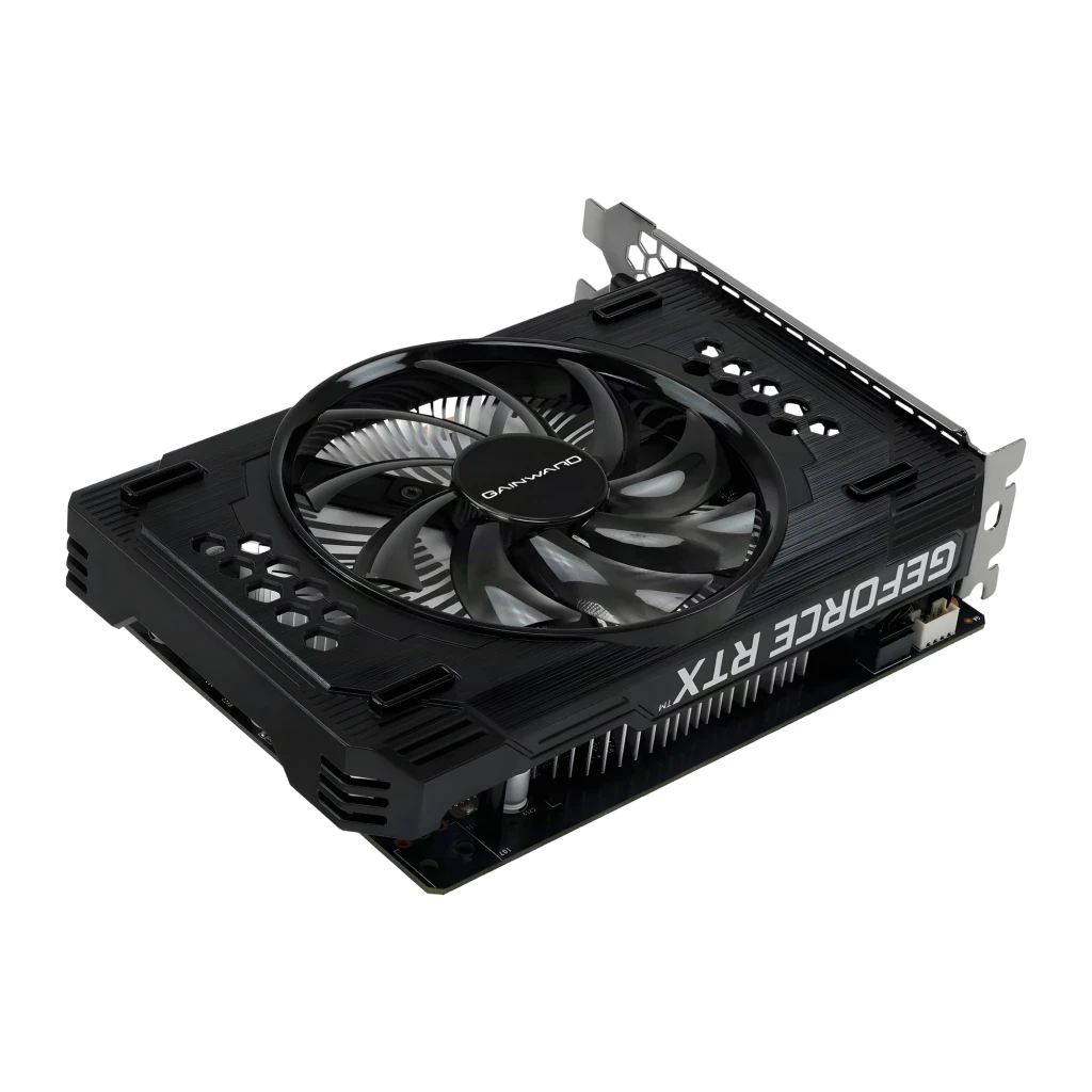 Gainward GeForce RTX 3050 Pegasus 6GB GDDR6 Negro, detalle: vista en ángulo del ventilador único y lateral con logo GeForce