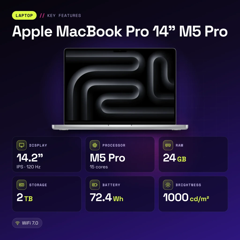 Portátil Apple MacBook Pro 14 M5 Pro 24GB/2TB SSD 14,2 polegadas macOS Tahoe Prata - características