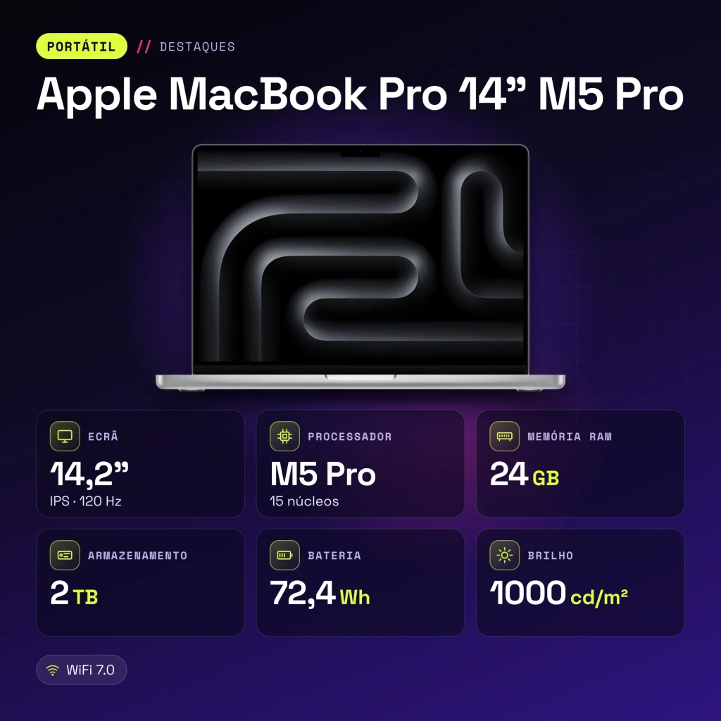 Portátil Apple MacBook Pro 14 M5 Pro 24GB/2TB SSD 14,2 polegadas macOS Tahoe Prata - características