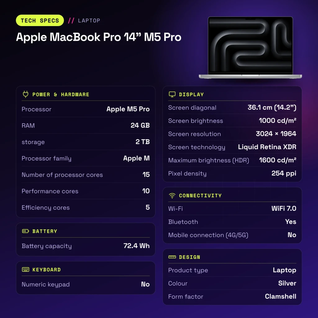 Portátil Apple MacBook Pro 14 M5 Pro 24GB/2TB SSD 14,2 polegadas macOS Tahoe Prata - características