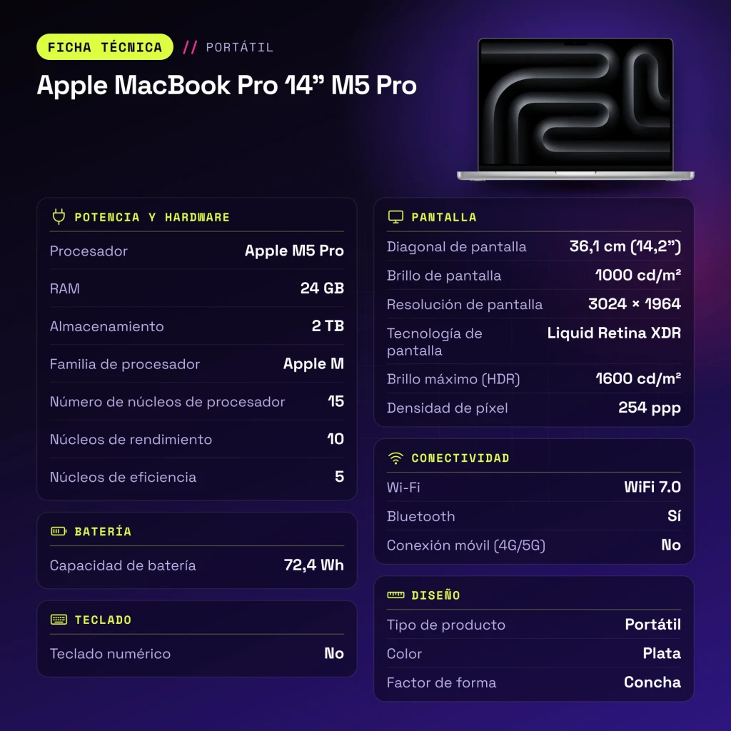 Portátil Apple MacBook Pro 14 M5 Pro 24GB/2TB SSD 14,2 polegadas macOS Tahoe Prata - características