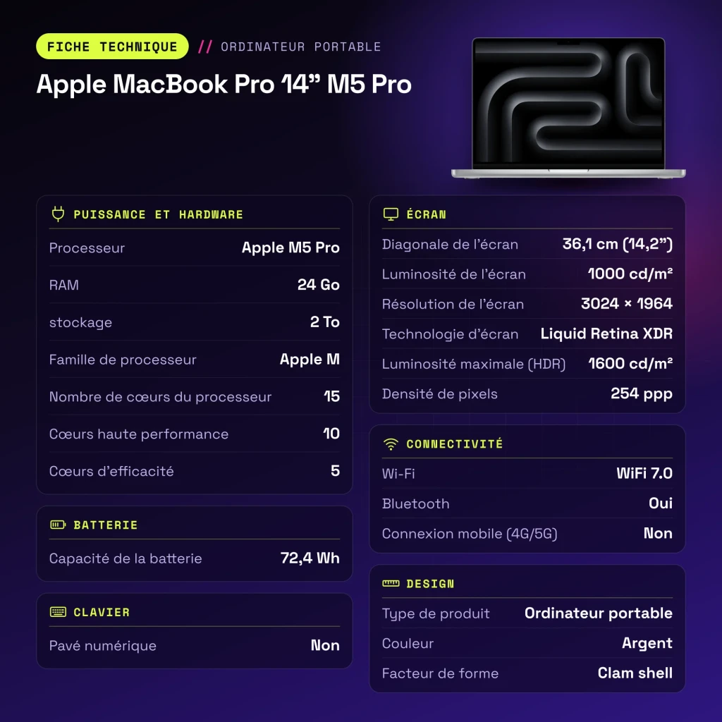 Portátil Apple MacBook Pro 14 M5 Pro 24GB/2TB SSD 14,2 polegadas macOS Tahoe Prata - características