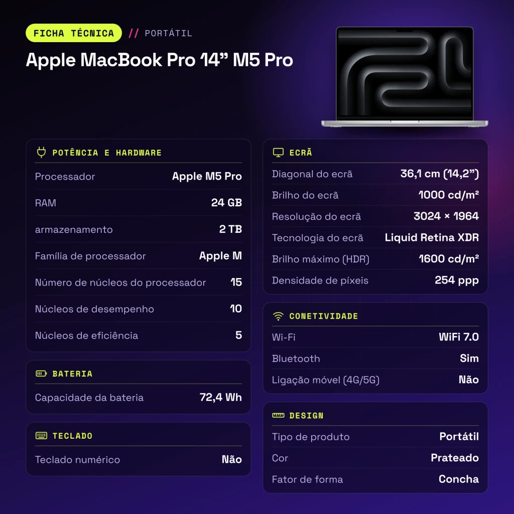 Portátil Apple MacBook Pro 14 M5 Pro 24GB/2TB SSD 14,2 polegadas macOS Tahoe Prata - características