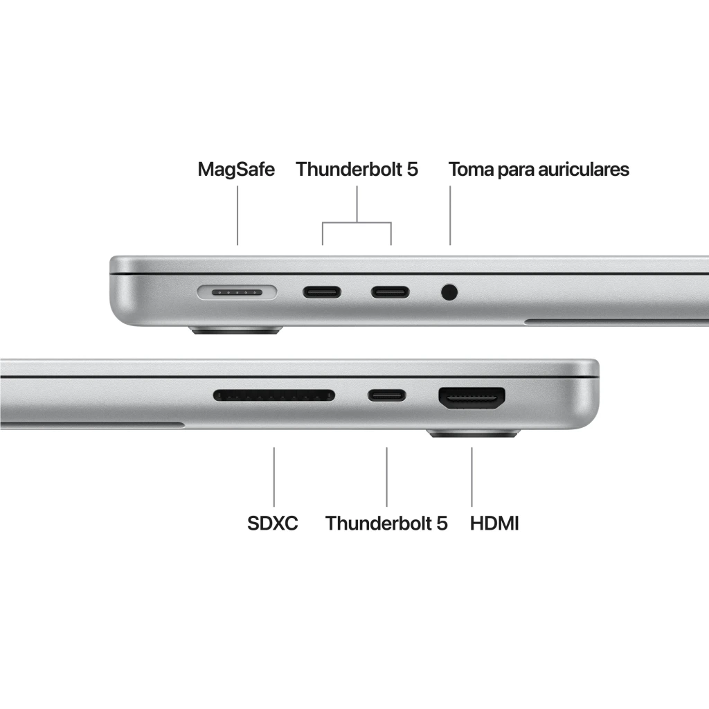 Portátil Apple MacBook Pro 14 polegadas M5 Pro 24GB/2TB SSD 14,2 polegadas macOS Tahoe Prata, laterais: portas MagSafe