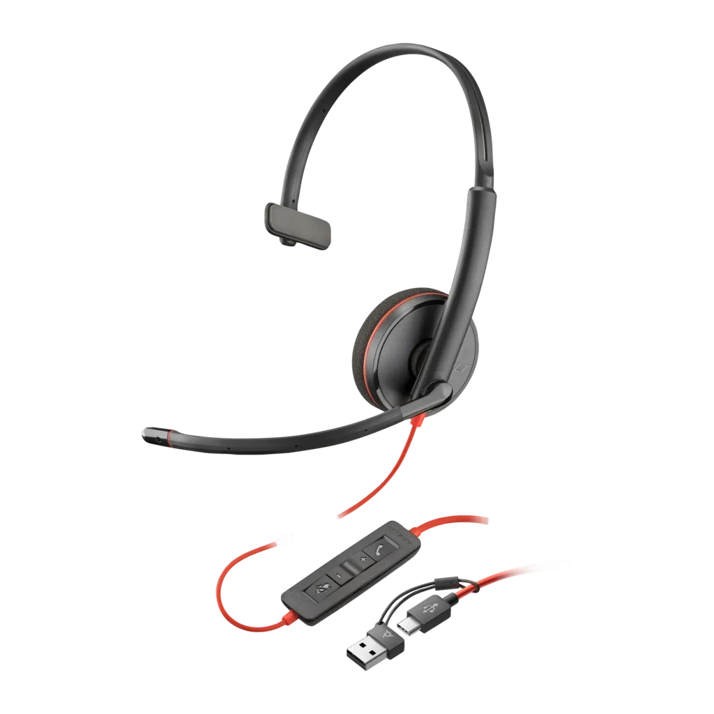 Auriculares Poly Blackwire 3210 Monaural con Conector USB-C y Adaptador USB-A Negro