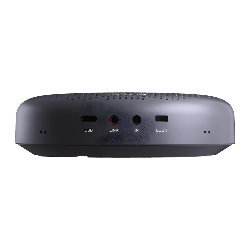 Conférence eMeet OfficeCore Luna Plus Kit 10h USB/Bluetooth 5.3 Gris, détail arrière: ports USB, LINK, IN et LOCK visibles