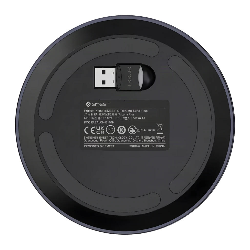 Conférence eMeet OfficeCore Luna Plus Kit 10h USB/Bluetooth 5.3 Gris, vue arrière: base circulaire avec étiquette technique