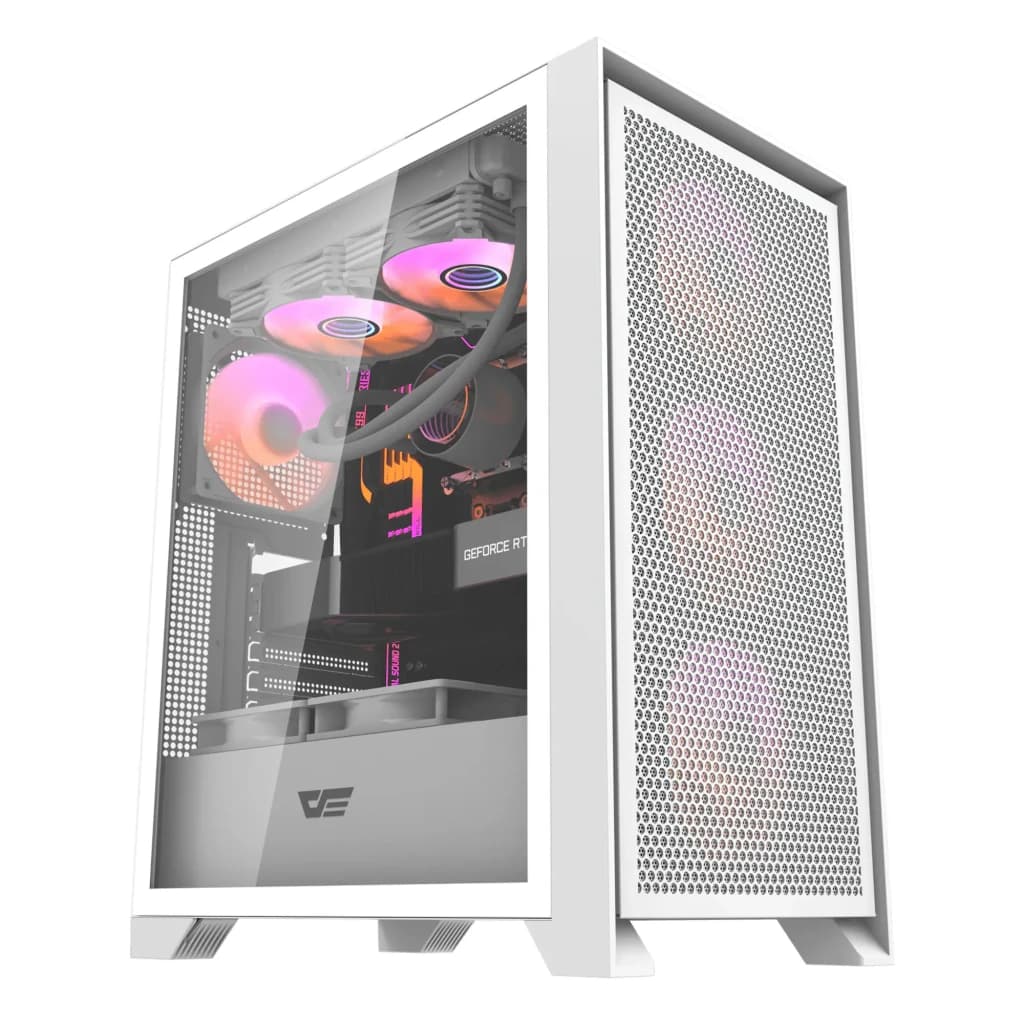 Caixa PC Darkflash DRX70 Mesh Vidro Temperado ATX/mATX/ITX Branco, vista frontal 3/4: painel mesh e lateral em vidro