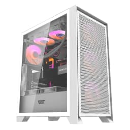 Caixa PC Darkflash DRX70 Mesh Vidro Temperado ATX/mATX/ITX Branco, vista frontal 3/4: painel mesh e lateral em vidro