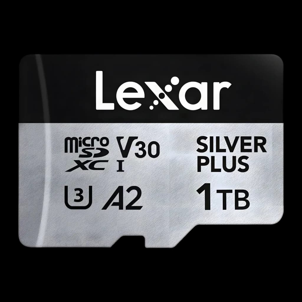Cartão microSDXC Lexar Professional Silver Plus 1TB V30 U3 A2, vista frontal: corpo prateado e preto com logo Lexar, ícones