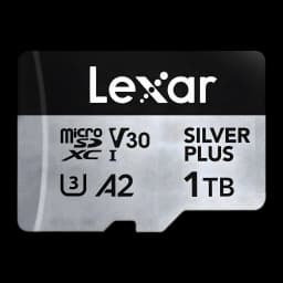 Cartão microSDXC Lexar Professional Silver Plus 1TB V30 U3 A2, vista frontal: corpo prateado e preto com logo Lexar, ícones