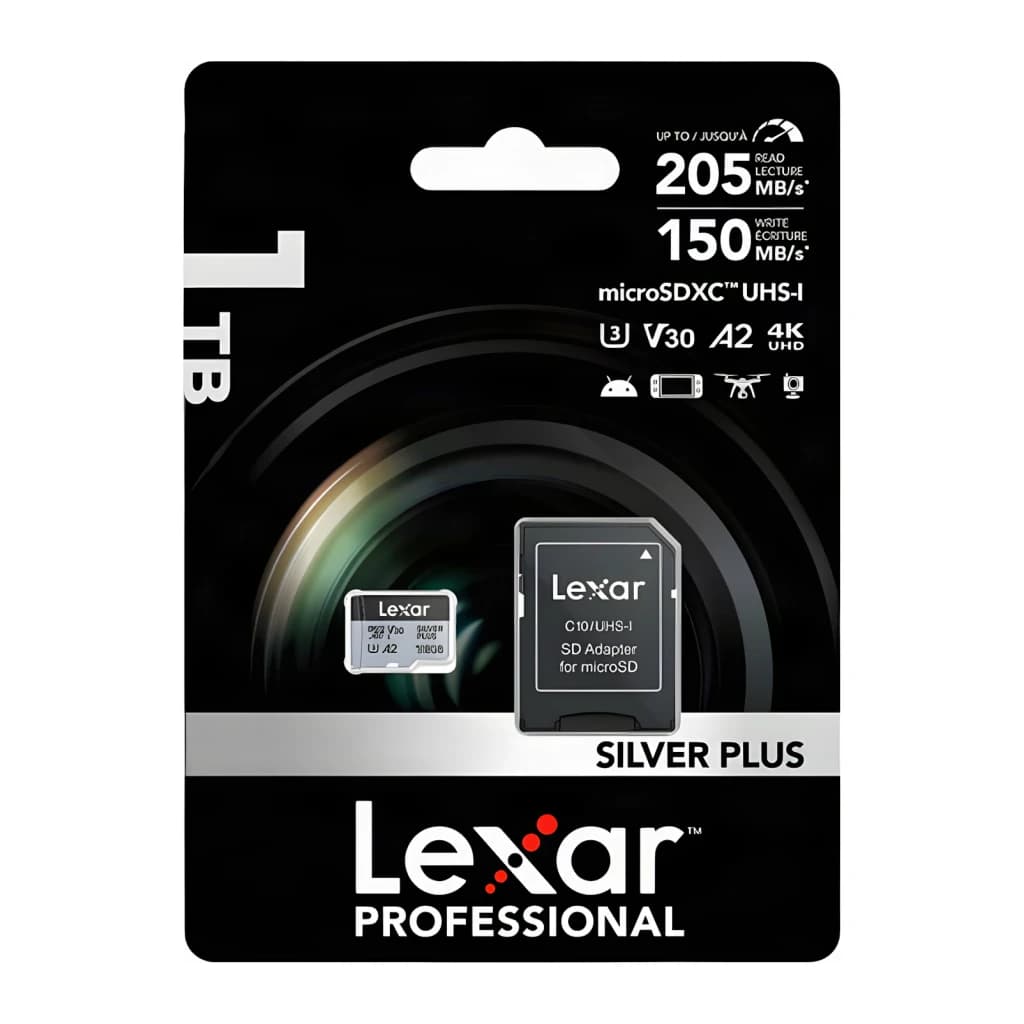 Cartão microSDXC Lexar Professional Silver Plus 1TB V30 U3 A2, conteúdo da caixa: cartão e adaptador SD visíveis