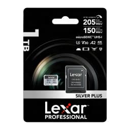 Cartão microSDXC Lexar Professional Silver Plus 1TB V30 U3 A2, conteúdo da caixa: cartão e adaptador SD visíveis
