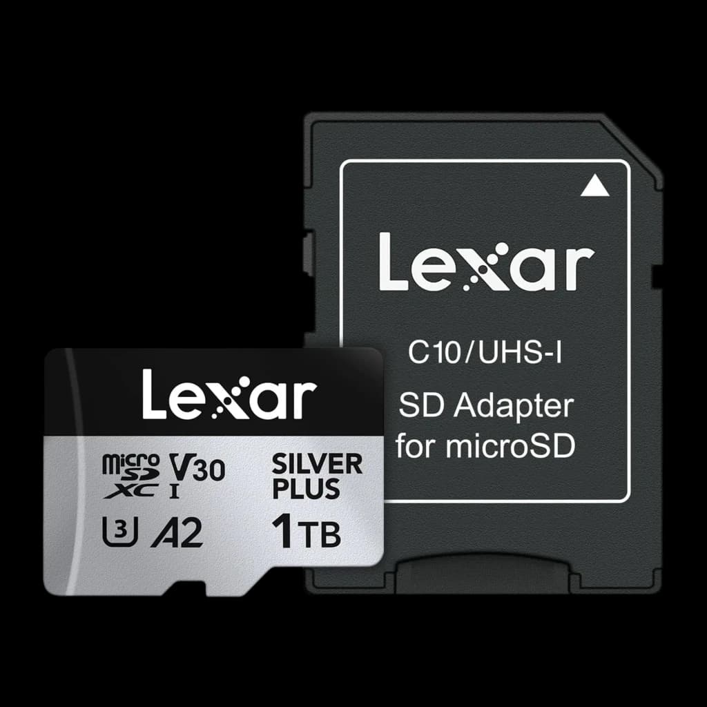 Cartão microSDXC Lexar Professional Silver Plus 1TB V30 U3 A2, detalhe: cartão e adaptador SD C10/UHS-I incluído, face