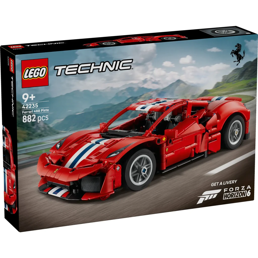 Set de construction LEGO Technic Ferrari 488 Pista 42235 882 pièces, contenu de la boîte: face avant avec modèle rouge