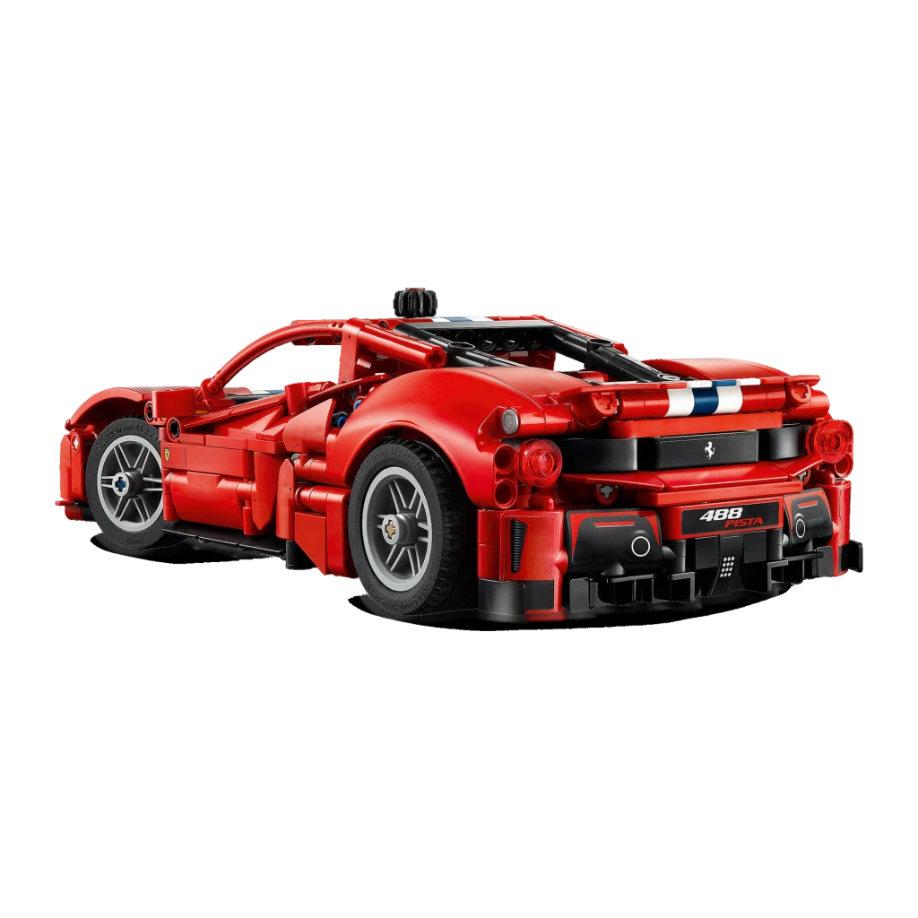Set de construction LEGO Technic Ferrari 488 Pista 42235 882 pièces, vue arrière: aileron, feux rouges, logo Cavallino