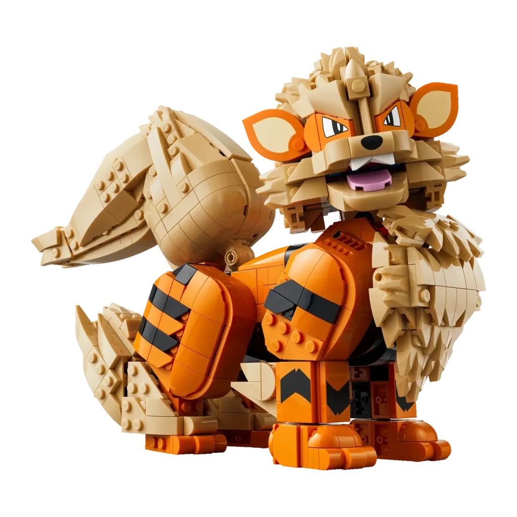Set de construction LEGO Pokémon Arcanine 72160 1190 pièces, vue de face: figurine assise avec crinière beige, pattes orange