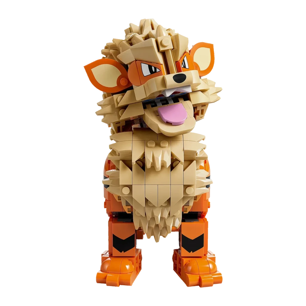 Set de construction LEGO Pokémon Arcanine 72160 1190 pièces, détail: vue de face de la figurine assemblée, crinière beige