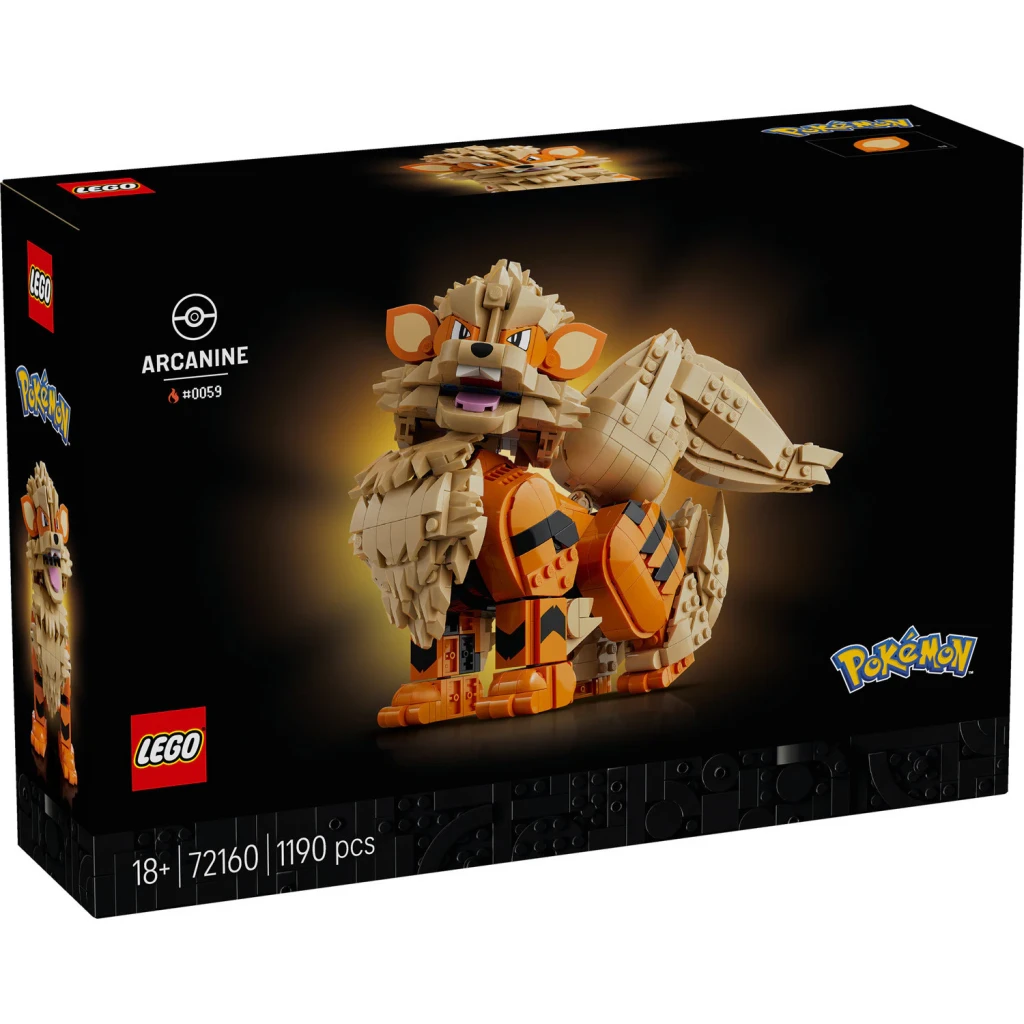 Set de construction LEGO Pokémon Arcanine 72160 1190 pièces, contenu de la boîte: boîte noire de face avec figurine