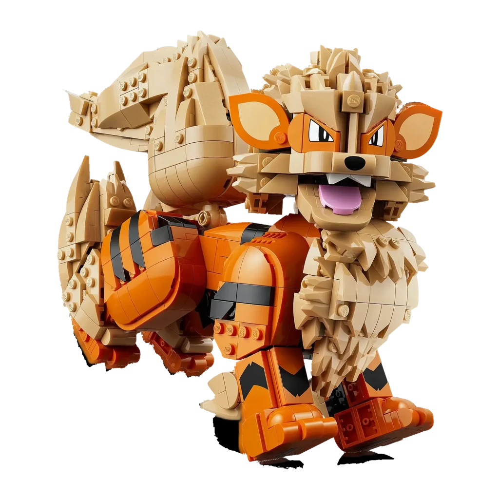 Set de construction LEGO Pokémon Arcanine 72160 1190 pièces, détail: vue en angle de la figurine assemblée avec rayures