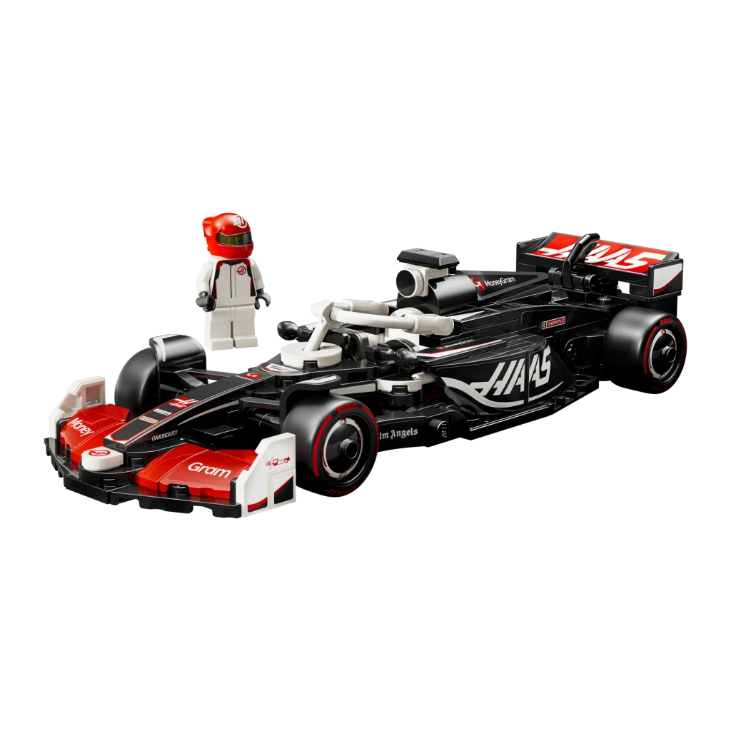 Set LEGO Speed Champions MoneyGram Haas F1 Team VF-24 77250 242 pièces, vue de face: monoplace noir et rouge