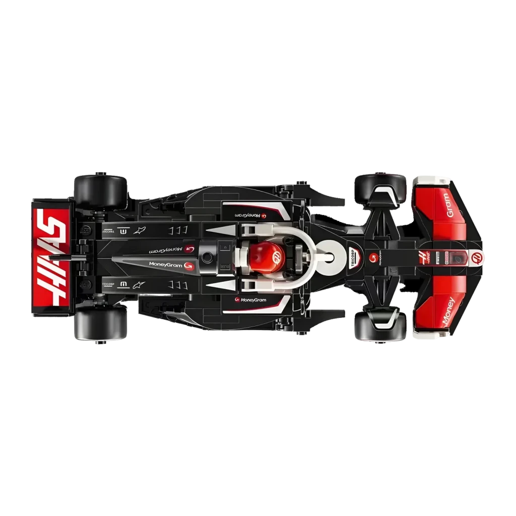Set LEGO Speed Champions MoneyGram Haas F1 Team VF-24 77250 242 pièces, détail: vue du dessus de la monoplace noir et rouge