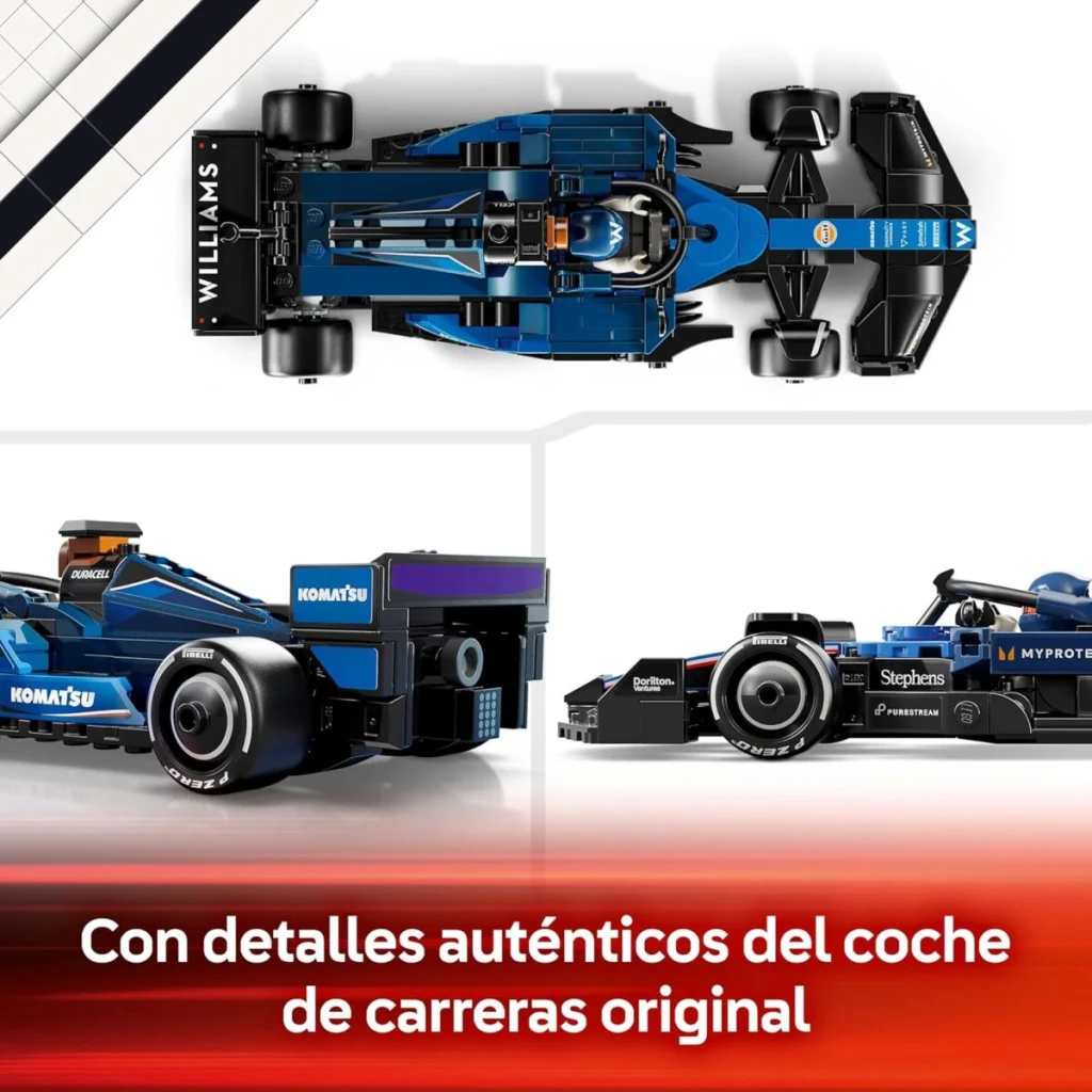 LEGO Speed Champions Williams Racing FW46 F1 77249 263 pièces 10+, trois vues: dessus, arrière et côté avec sponsors Komatsu
