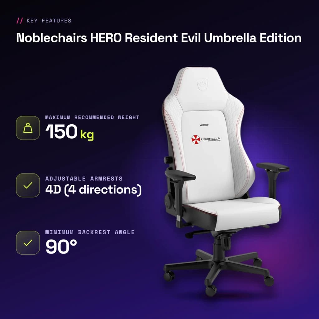Fauteuil Gaming Noblechairs HERO Resident Evil Umbrella Edition Blanc/Noir Cuir PU 4D - caractéristiques