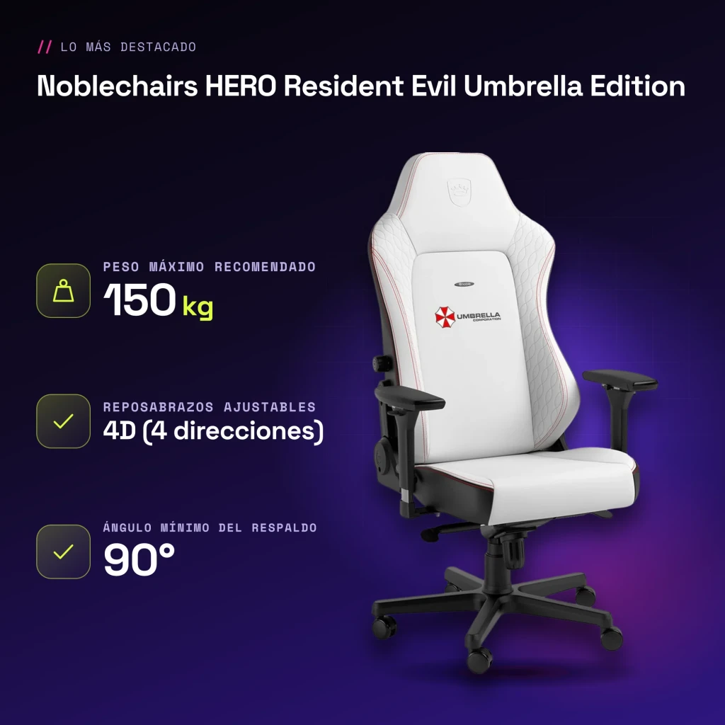 Fauteuil Gaming Noblechairs HERO Resident Evil Umbrella Edition Blanc/Noir Cuir PU 4D - caractéristiques
