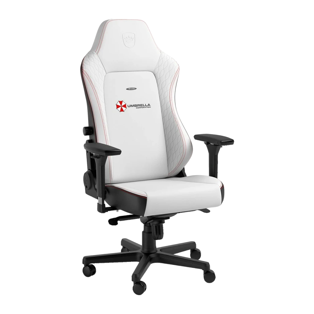 Fauteuil Gaming Noblechairs HERO Resident Evil Umbrella Edition Blanc/Noir Cuir PU 4D, vue de face: logo Umbrella
