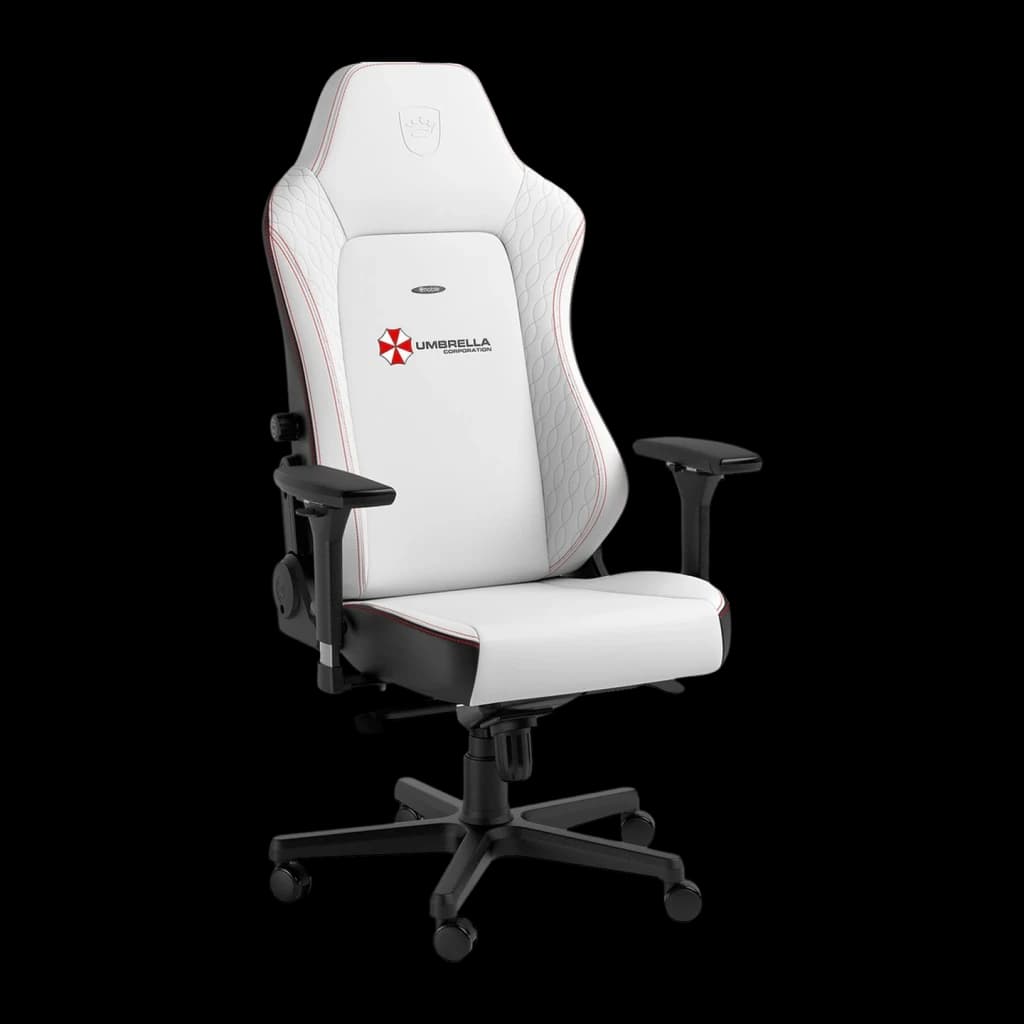 Fauteuil Gaming Noblechairs HERO Resident Evil Umbrella Edition Blanc/Noir Cuir PU 4D, vue de face: logo Umbrella