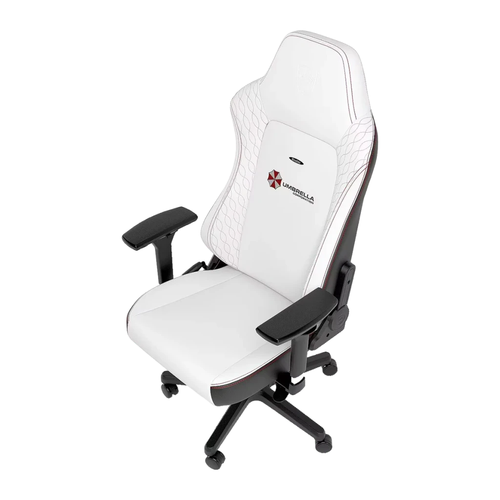 Fauteuil Gaming Noblechairs HERO Resident Evil Umbrella Edition Blanc/Noir Cuir PU 4D, détail: logo Umbrella Corporation
