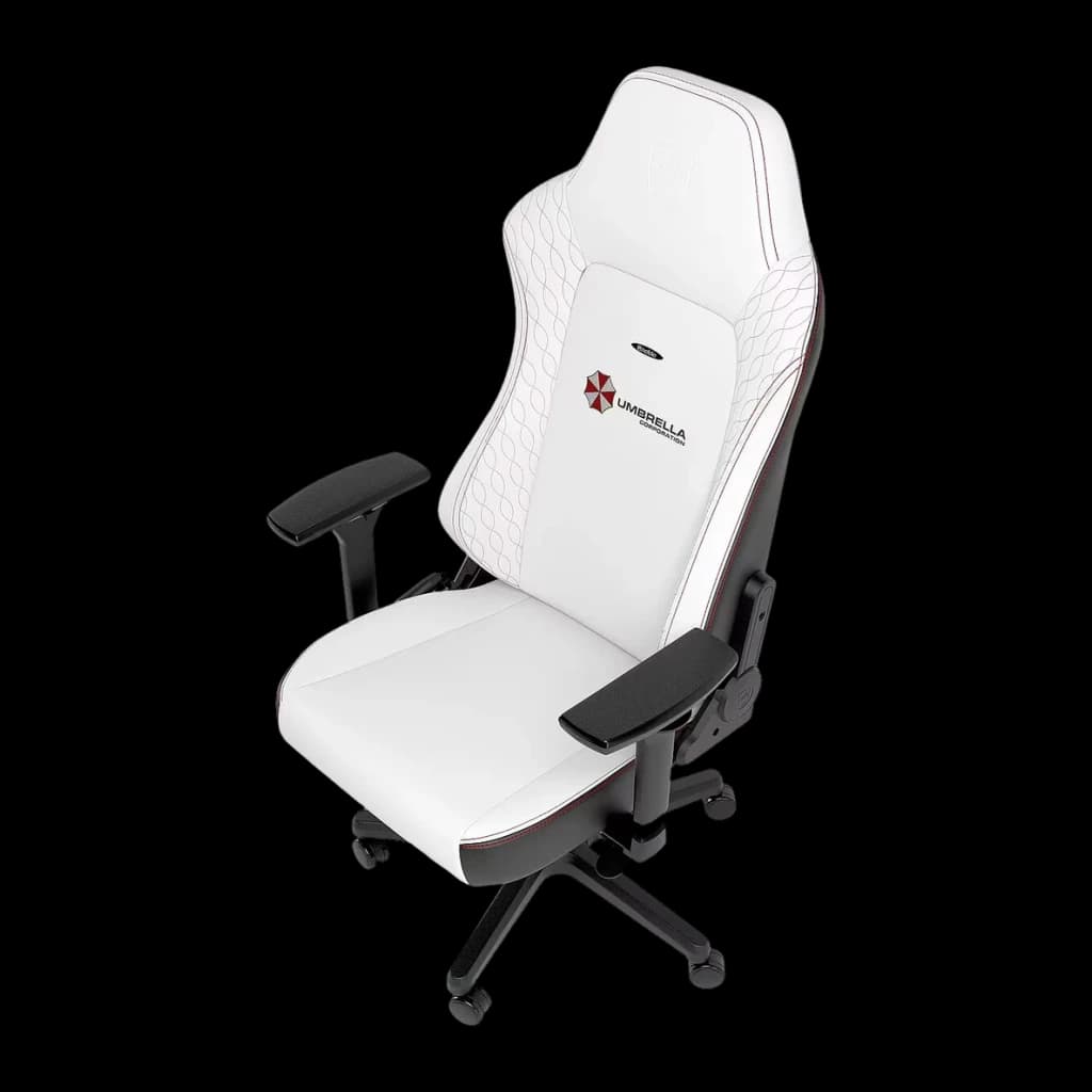 Fauteuil Gaming Noblechairs HERO Resident Evil Umbrella Edition Blanc/Noir Cuir PU 4D, détail: logo Umbrella Corporation