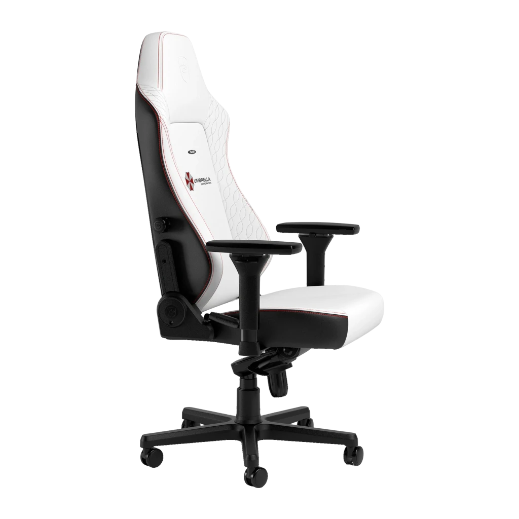 Fauteuil Gaming Noblechairs HERO Resident Evil Umbrella Edition Blanc/Noir Cuir PU 4D, détail: logo Umbrella Corporation