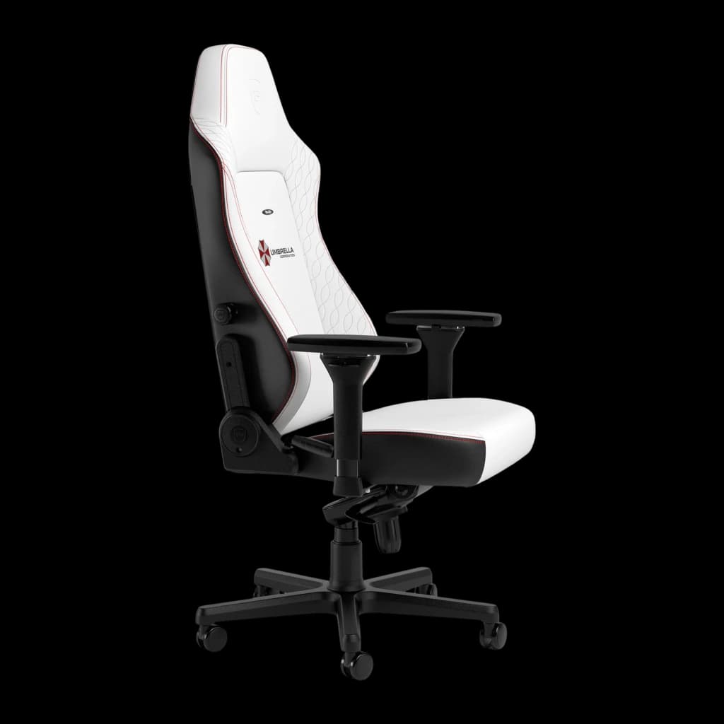 Fauteuil Gaming Noblechairs HERO Resident Evil Umbrella Edition Blanc/Noir Cuir PU 4D, détail: logo Umbrella Corporation
