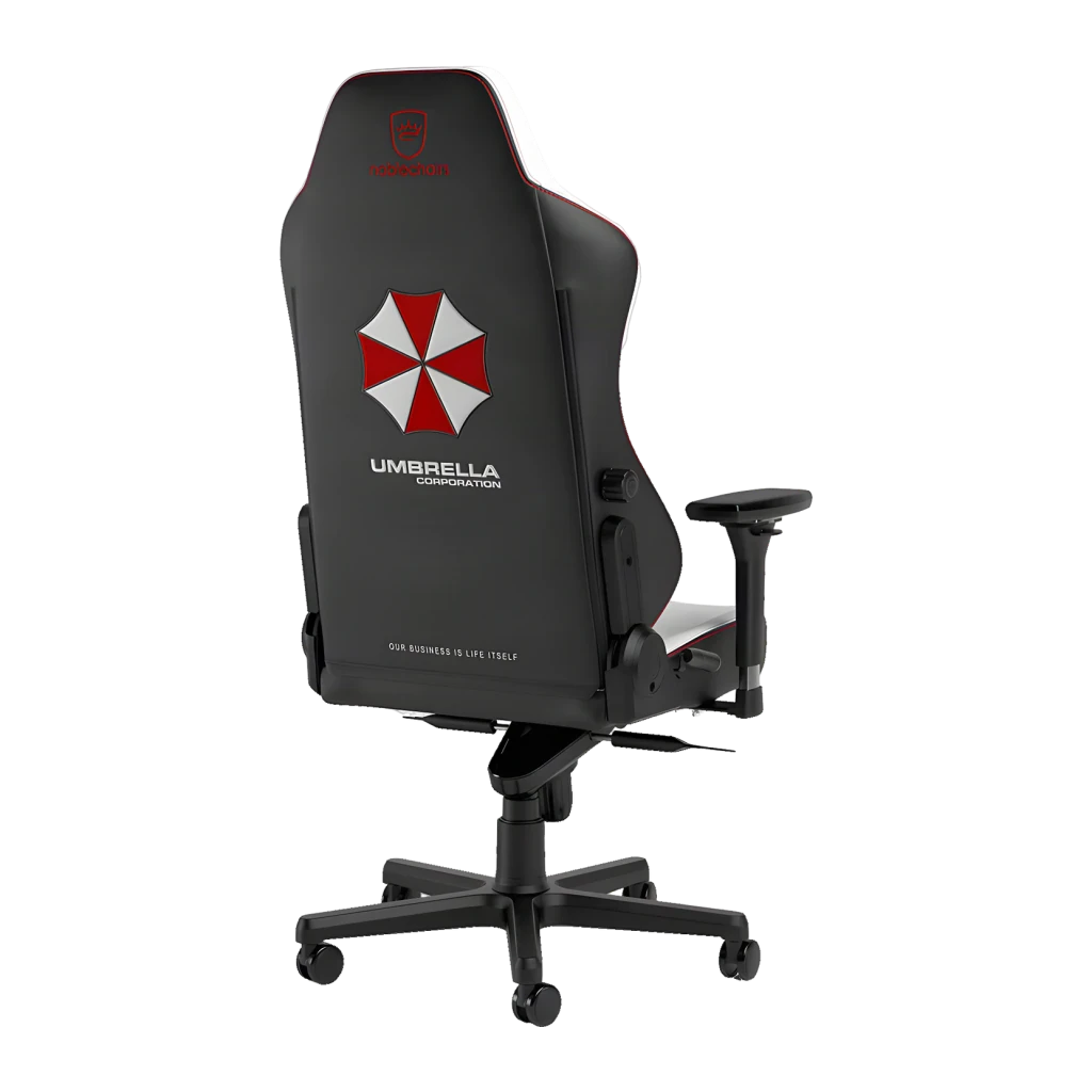 Fauteuil Gaming Noblechairs HERO Resident Evil Umbrella Edition Blanc/Noir Cuir PU 4D, vue arrière: logo Umbrella