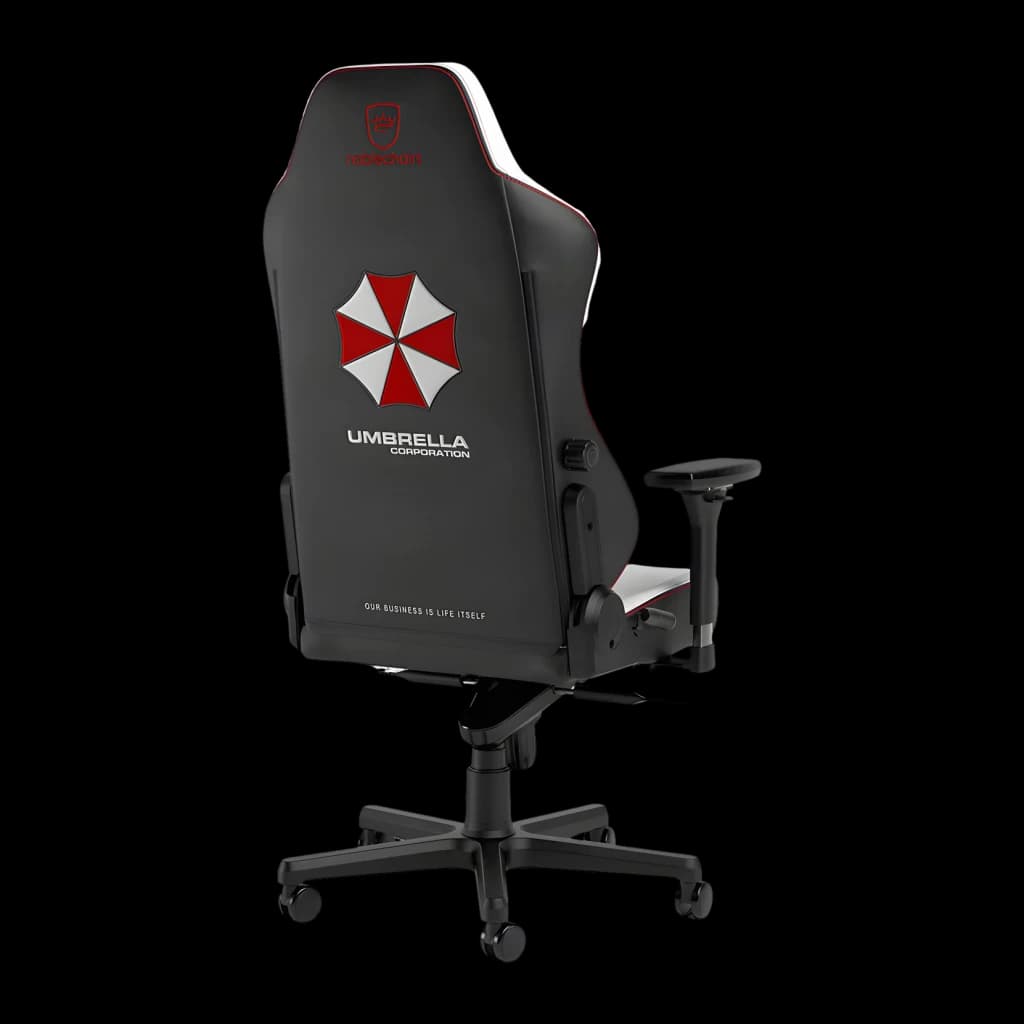 Fauteuil Gaming Noblechairs HERO Resident Evil Umbrella Edition Blanc/Noir Cuir PU 4D, vue arrière: logo Umbrella