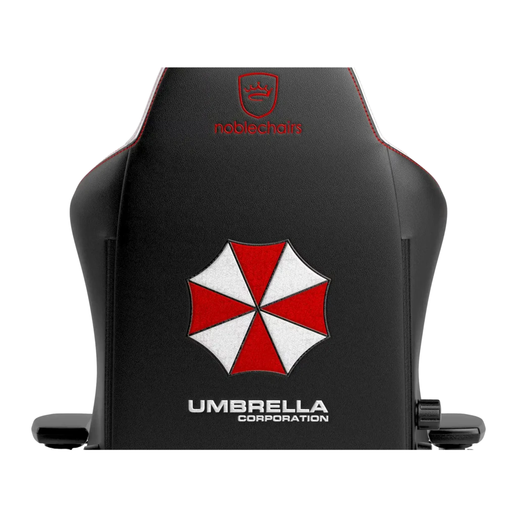 Fauteuil Gaming Noblechairs HERO Resident Evil Umbrella Edition Blanc/Noir Cuir PU 4D, détail: dossier avec logo Umbrella