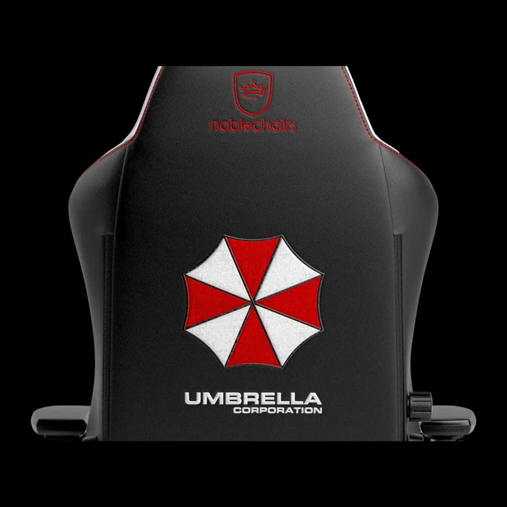 Fauteuil Gaming Noblechairs HERO Resident Evil Umbrella Edition Blanc/Noir Cuir PU 4D, détail: dossier avec logo Umbrella